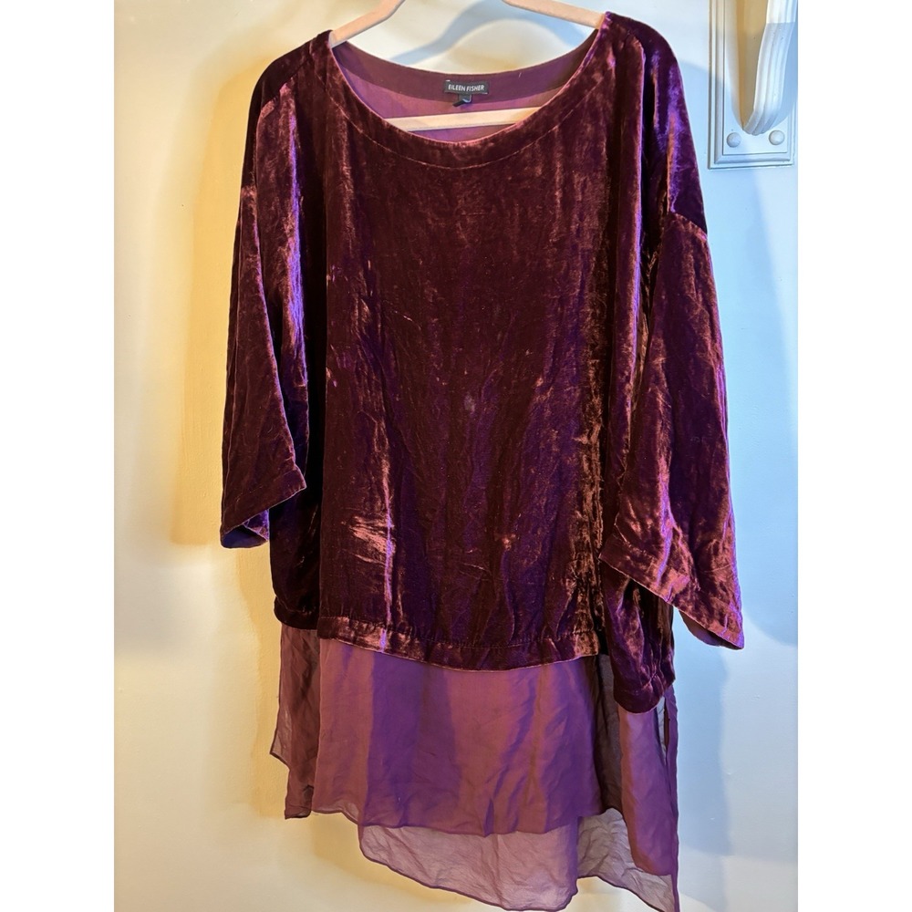 EILEEN FISHER Burgundy Velour Rayon Silk Tunic Top XL Holiday 3/4 Sleeve‎